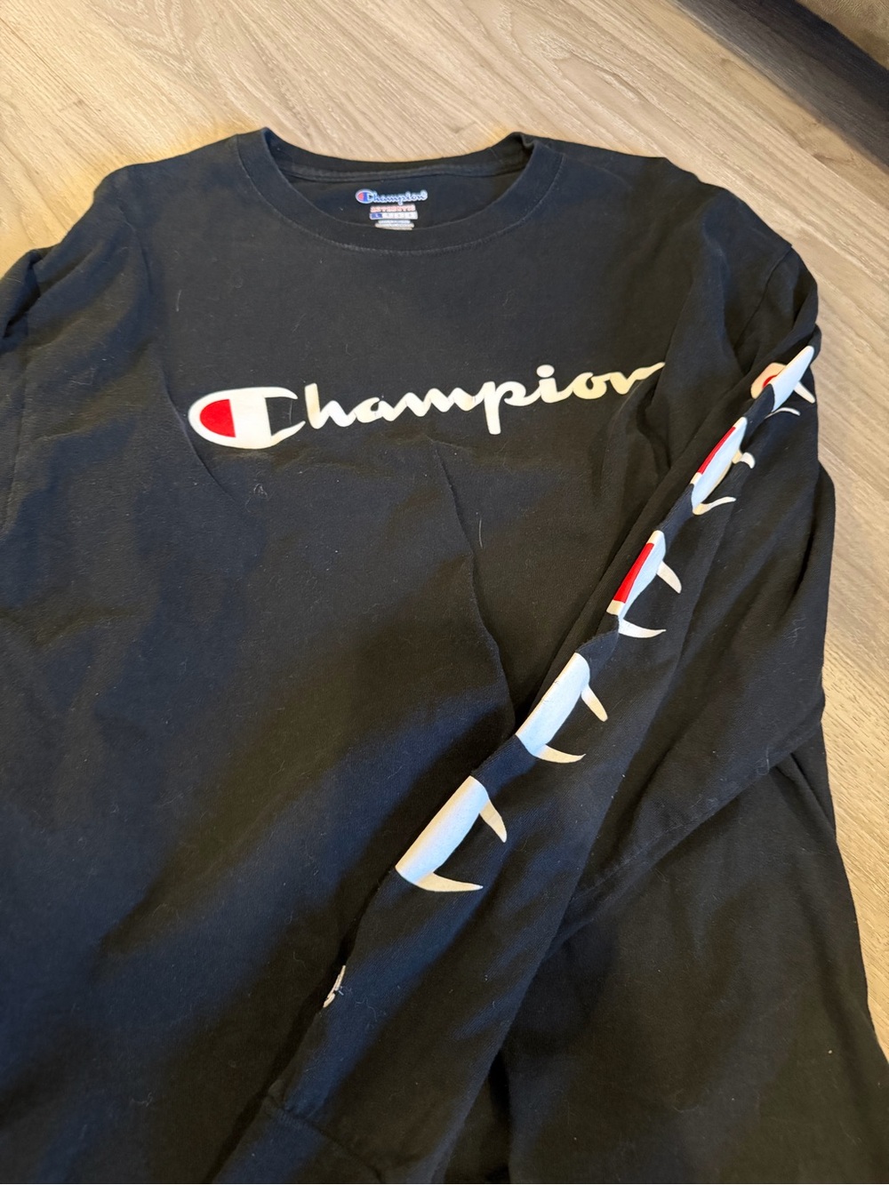Champion Black Long Sleeve Tee with White Script and Red Logo Accents